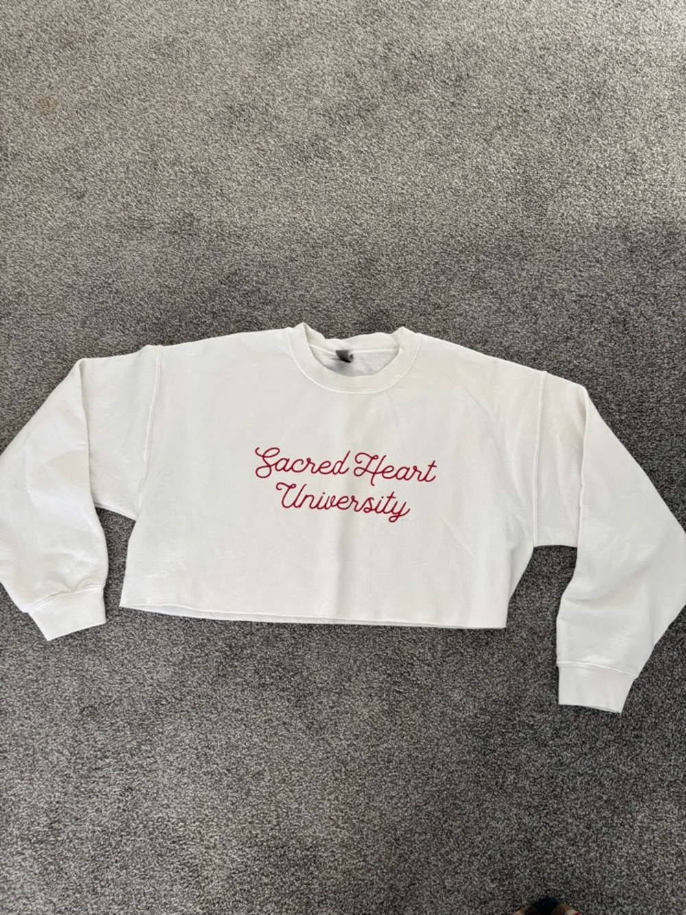 Gildan White Cropped Sweatshirt with Red Script